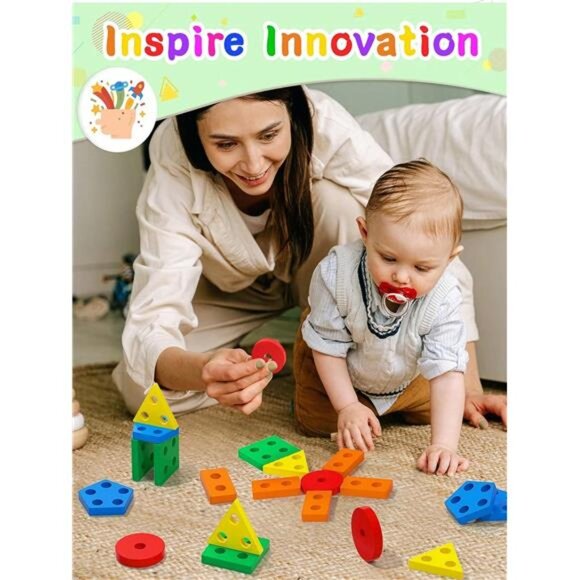 Wooden Geometric Shape Puzzles Blocks, Montessori Early Education Learning Toys - Picture 8 of 9